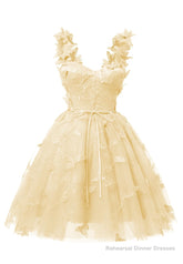 Yellow 3D Butterfly Lace Applique Tulle Homecoming Dress for Teens Sweetheart Mini Short Prom Dresses